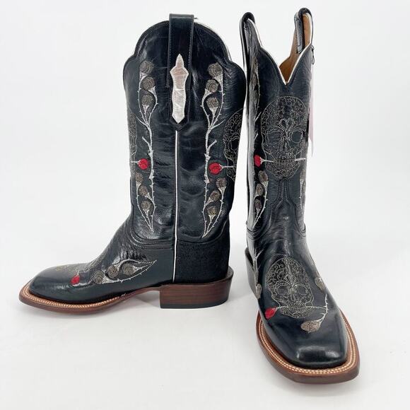 Lucchese Black Rosa Muerte Skull Rose Embroidered Western Cowgirl Boot size 7.5 - Picture 1 of 12